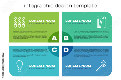 Set line Chicken leg, Grilled shish kebab, Burning match with fire and Matches. Business infographic template. Vector.