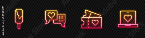 Set line Love ticket, Ice cream, Heart in speech bubble and Dating app online. Glowing neon icon. Vector.