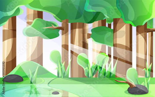 Vector illustration of a river far from the city. birds, trees and shrubs in the background. Banners, websites, poster templates with place for your text.