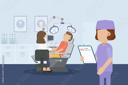Dental insurance concept with dentist and patient flat design vector illustration