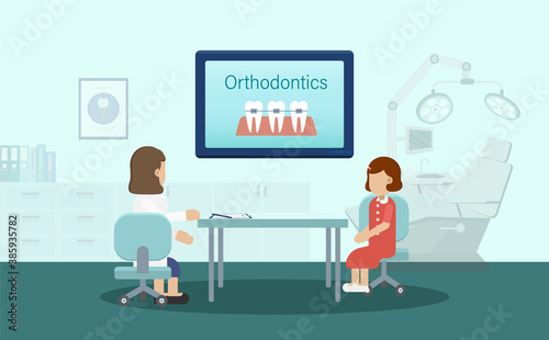 Orthodontics concept with orthodontist and child patient flat design vector illustration