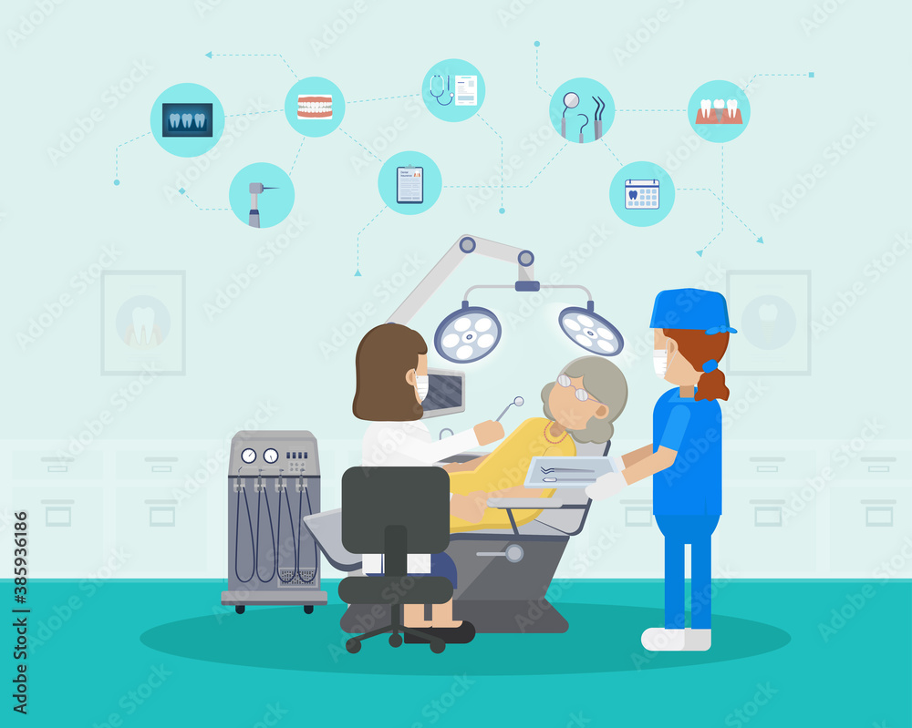 Dental clinic or dental office with patient and icons flat design vector illustration Dental clinic or dental office with patient and icons flat design vector illustration