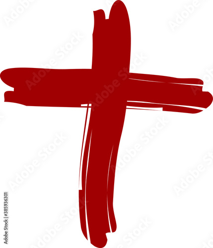 Painted red stroke of Easter Cross Christian Resurrection of Jesus Christ the Messiah vector scene on black and white for salvation, grace themes or concepts.	