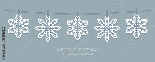 grey christmas card with hanging snowflakes vector illustration EPS10