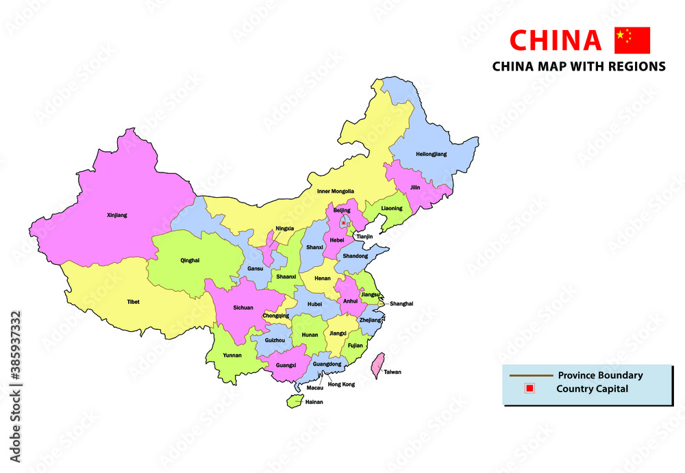 China map. Political Map of China provinces 2020. China map with capital Beijing, national borders, important cities, rivers and lakes. English labeling and scaling. Administrative divisions of China.