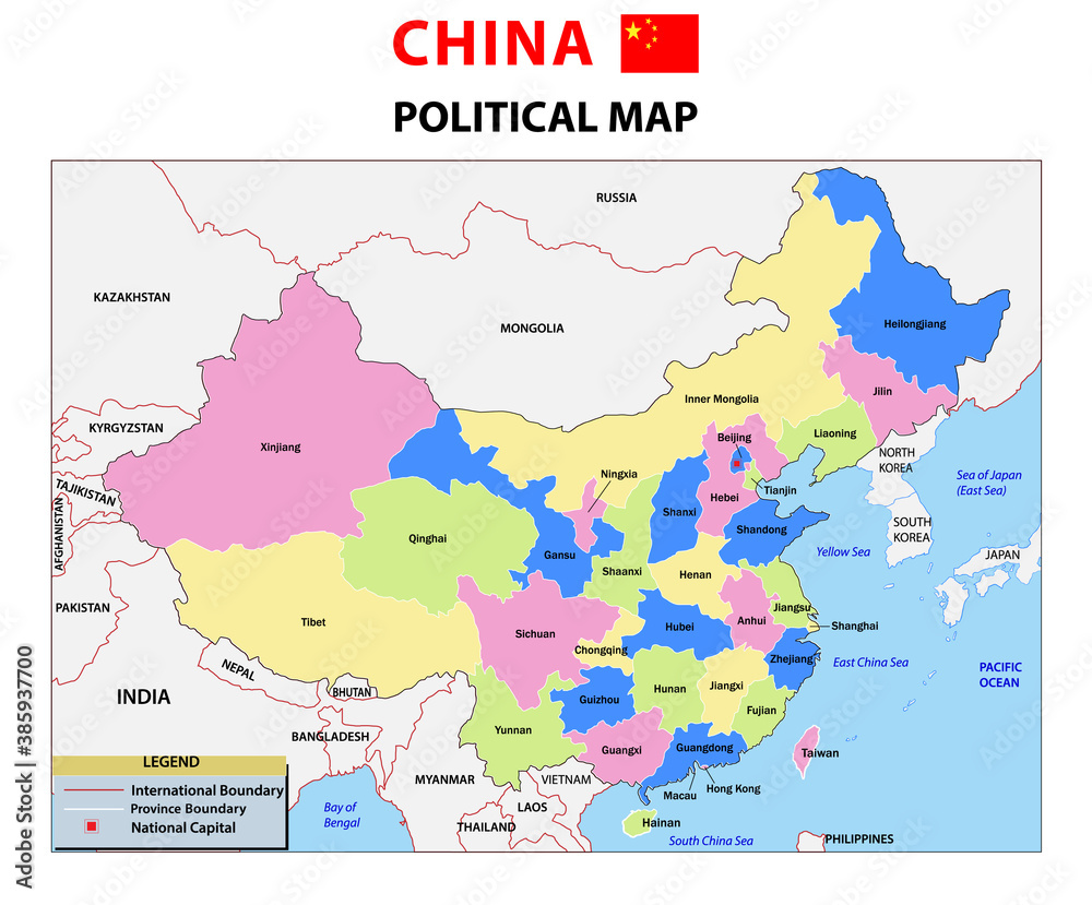 China map. Political Map of China provinces 2020. China map with capital Beijing, national borders, important cities, rivers and lakes. English labeling and scaling. Administrative divisions of China.
