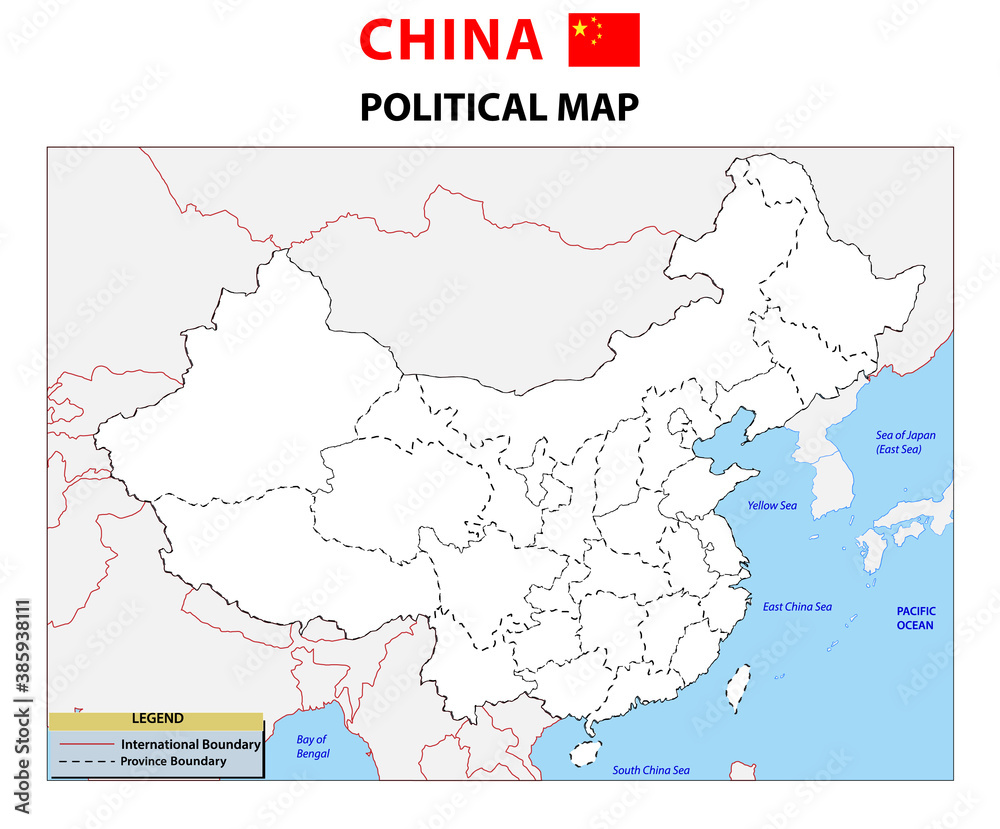 Vector illustration of simplified administrative map of China in white background theme. Borders and names of the provinces. Grey silhouettes. White outline with national and international borders.