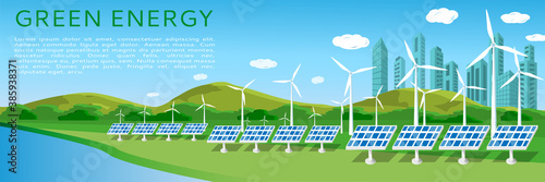 Green energy banner design with wind turbines and solar panels on landscape and cityscape background. Renewable solar and wind energy sources. Vector flat illustration, place for text