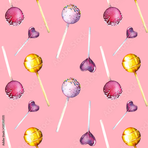 Watercolor seamless pattern with lollipops sweet food. Isolated on pink background