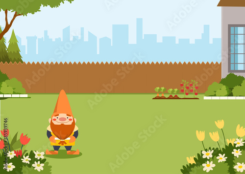 backyard flat illustration with gnome statue standing at the front