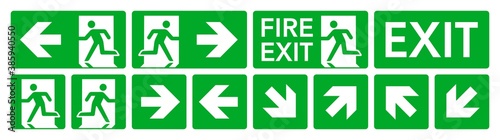 Fire exit signs set. Green emergency symbols on white background. Vector illustrtion