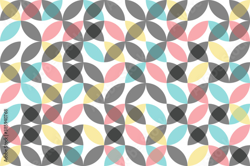 Seamless abstract background pattern made with transparent, colorful ellipses in flower abstraction. Modern, simple, playful, fun vector art in red, yellow, grey and blue colors.