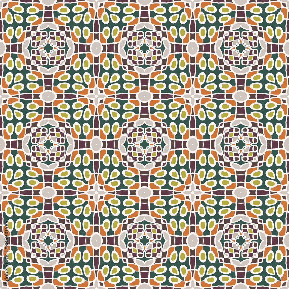 Creative color abstract geometric pattern in white violet green orange, vector seamless, can be used for printing onto fabric, interior, design, textile, pillow, carpet. Home decor.