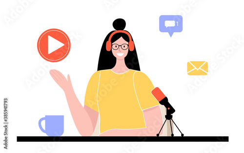 girl is recording a podcast in the studio. The radio host is broadcasting. vector illustration in flat style