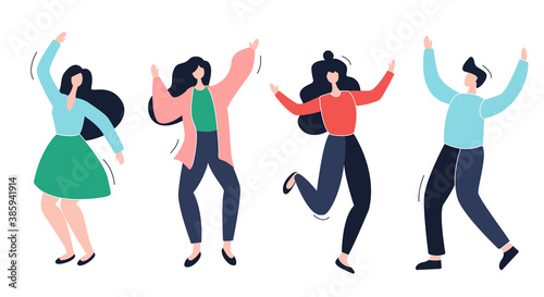 Group of young happy dancers or men and women isolated on a white background. dancing people. Colorful vector illustration in flat cartoon style.