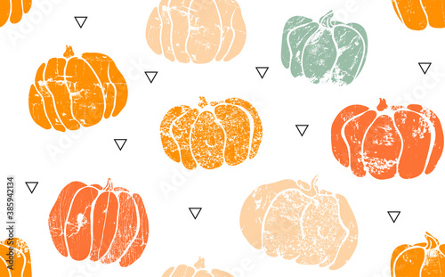 Autumn Abstract Pattern with hand drawn Grunge Pumpkins and Black Triangles o...