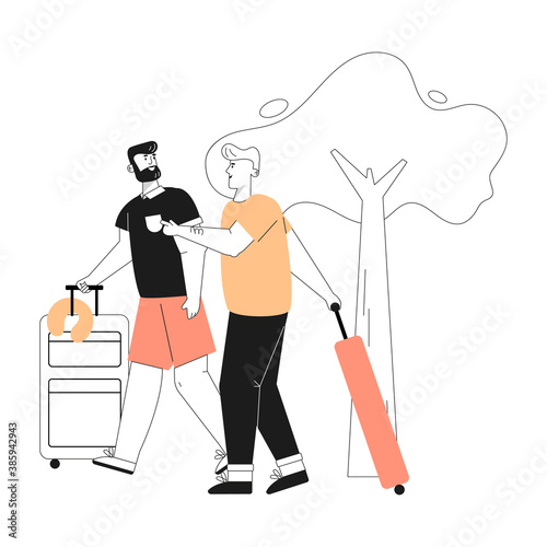 Happy gay couple holding suitcases goes on summer vacation
