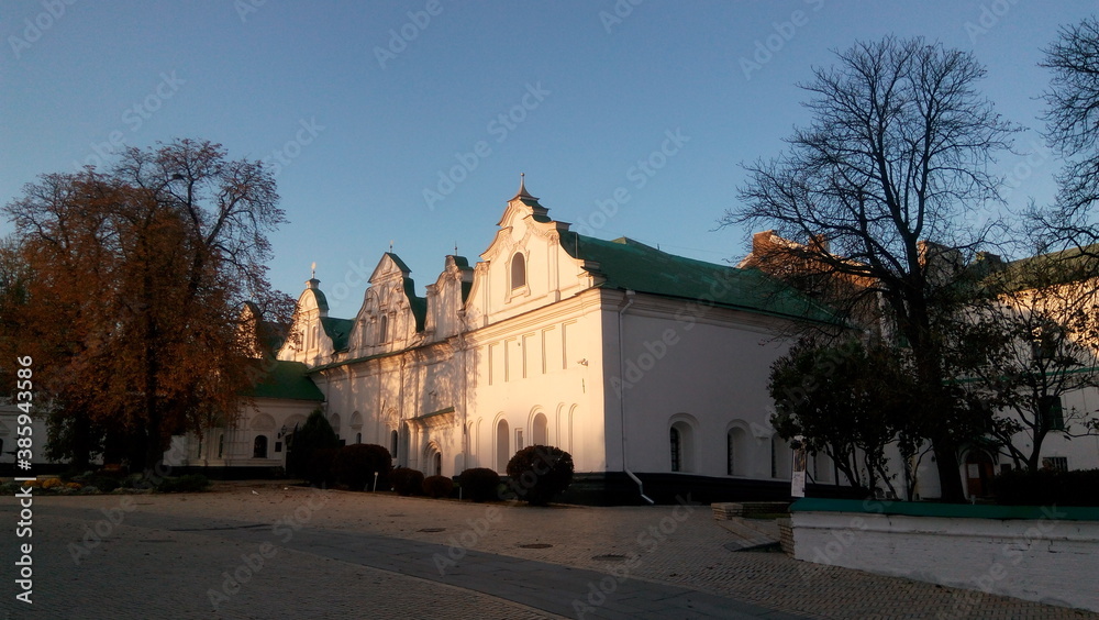 Evening view of the ancient monastery Pechersk Lavra in Kyiv, Ukraine at sunset