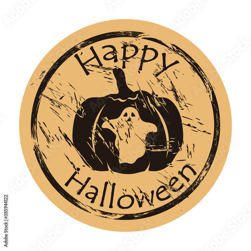 Pumpkin with silhouette of ghost icon shabby emblem design old retro style. Happy Halloween poster vintage grunge sign. Pumpkin with spook shape image on craft paper. Halloween symbol. All Saints' Eve