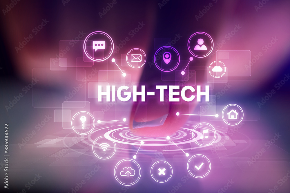 Finger touching tablet with web technology icons and HIGH-TECH inscription, web technology concept Finger touching tablet with web technology icons and HIGH-TECH inscription, web technology concept