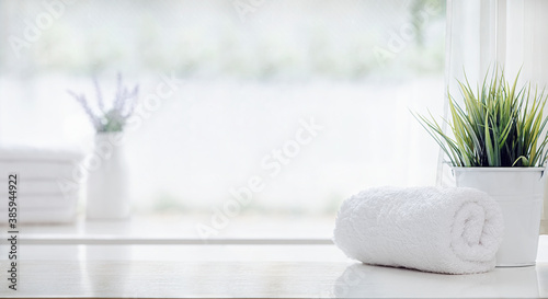 Roll of clean bath towel and houseplant on white table, copy space. photo