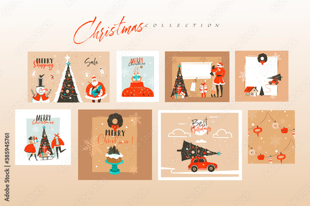 Hand drawn vector abstract fun stock flat Merry Christmas,and Happy New Year time cartoon festive cards bundle set with cute illustrations of Xmas and Santa isolated on color background