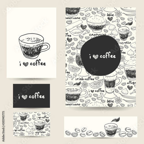Design template set with coffee cups and beans pattern