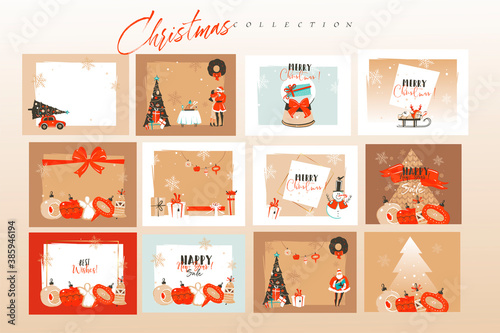 Hand drawn vector abstract fun stock flat Merry Christmas,and Happy New Year time cartoon festive cards bundle set with cute illustrations of Xmas and Santa isolated on color background