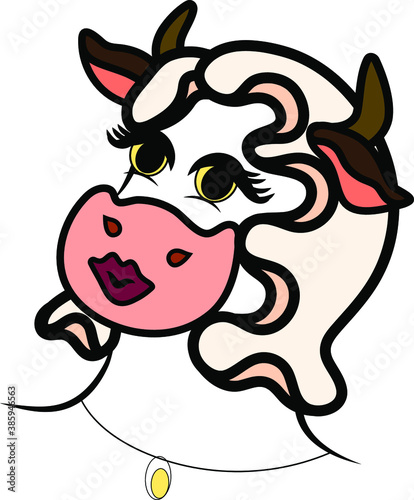 humanized portrait of a blonde cow hairstyle in the style of 30 years, drawn in vector, on a white background isolated
