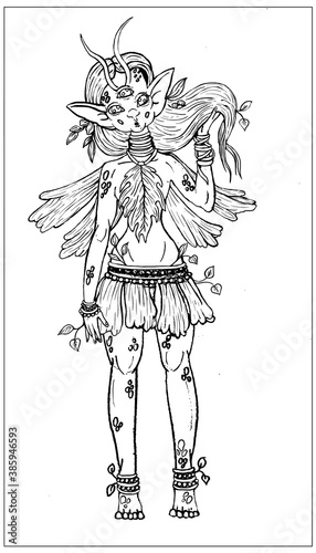 Fairytale character, magic creature, tender forest earthen fairy with long loose hair and big pointed ears, with leaves, antennae and wings, in flower loincloth with necklace and big leaf on breast.