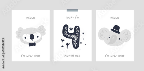 Baby step cards, poetic baby illustration. Milestone card with cute baby animals for newborn girl or boy. Baby shower print capturing all the special moments. Kids month anniversary card