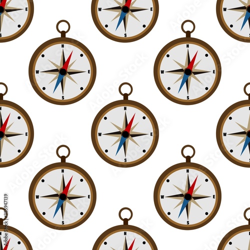  Beautiful seamless pattern with a compass on a white background. Marine items in a flat style. Stock vector illustration for decor and design, textiles, wallpaper, wrapping paper