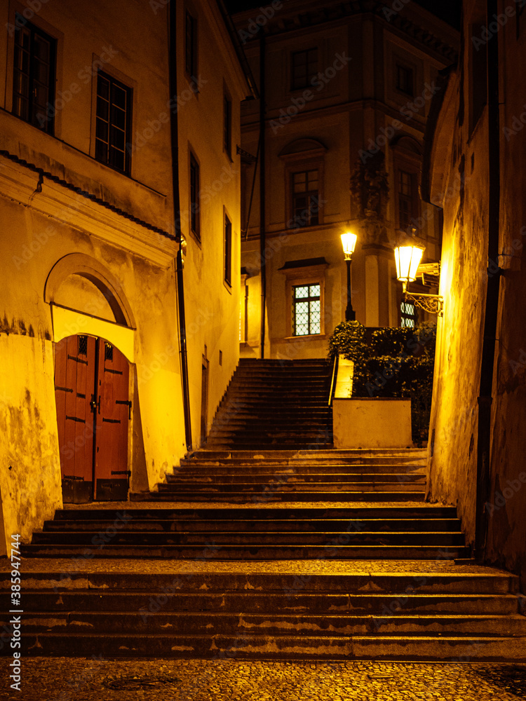 Old stairs near Prague Castle at night