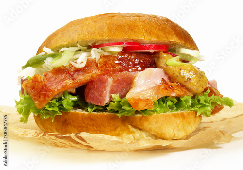 Barbecue Hamburger with Pork and Salad on white Background - Isolated