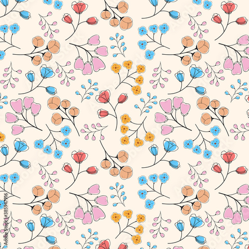 Flower tree seamless pattern, Surface pattern with beautiful flowers, Colorful seamless pattern background