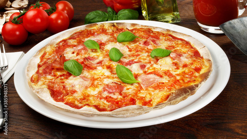 Italian Pizza with Ham - Fast Food Panorama on wooden Background