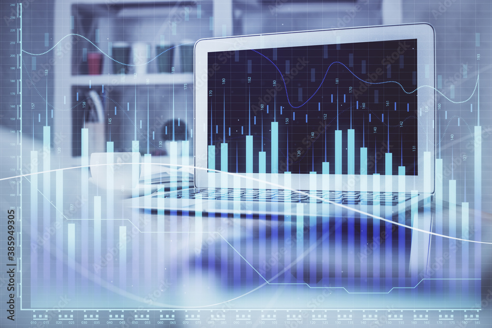 Forex market graph hologram and personal computer on background. Double exposure. Concept of investment. Forex market graph hologram and personal computer on background. Double exposure. Concept of investment.