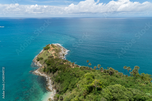 Amazing landscape nature scenery view of Beautiful tropical sea with Sea coast view in summer season image by Aerial view drone top down, high angle view. © panya99