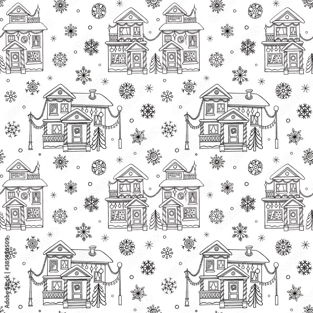 Pattern with snowflakes and beautiful houses.