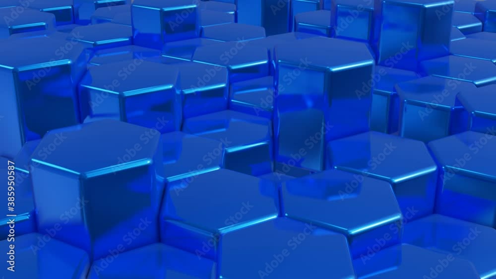 Abstract blue futuristic hexagons 3D surface pattern, Hexagonal golden wall moving in loop. Abstract futuristic surface of hexagonal pattern. Honeycomb Looped Seamless 3D Animation. Abstract blue futuristic hexagons 3D surface pattern, Hexagonal golden wall moving in loop. Abstract futuristic surface of hexagonal pattern. Honeycomb Looped Seamless 3D Animation.