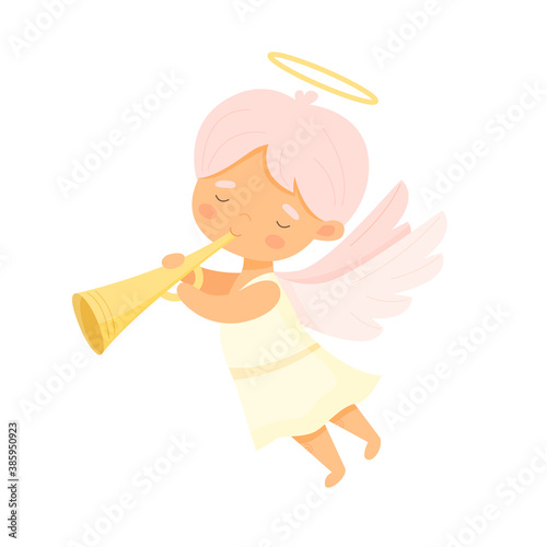 Cute little angel boy plays the flute. Vector cartoon illustration.
