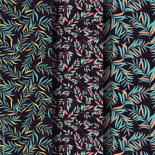 Leaves seamless pattern background set, Pattern background set with beautiful leaves, Seamless leaf pattern with dark background