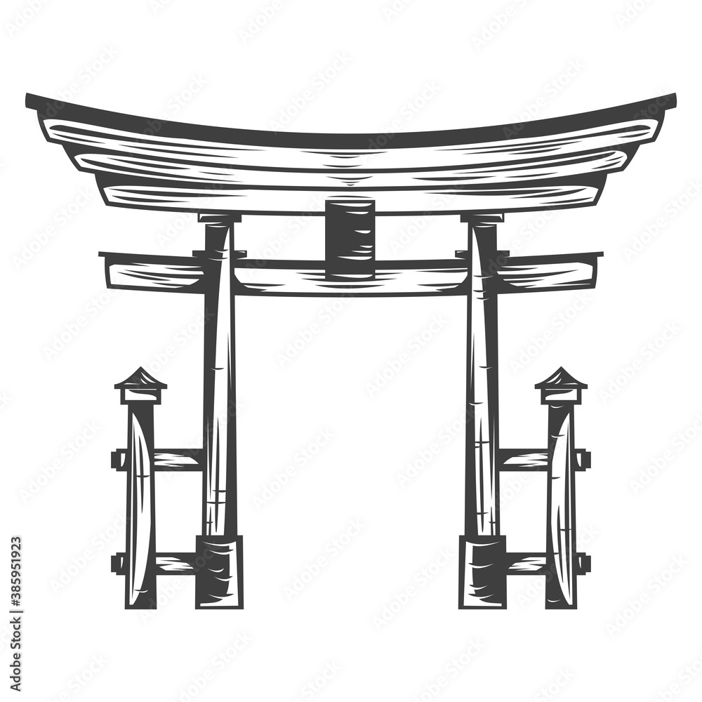 Vintage monochrome japan torii gate isolated on white background. Hand drawn design element template for emblem, print, cover, poster. Vector illustration. - obrazy, fototapety, plakaty 