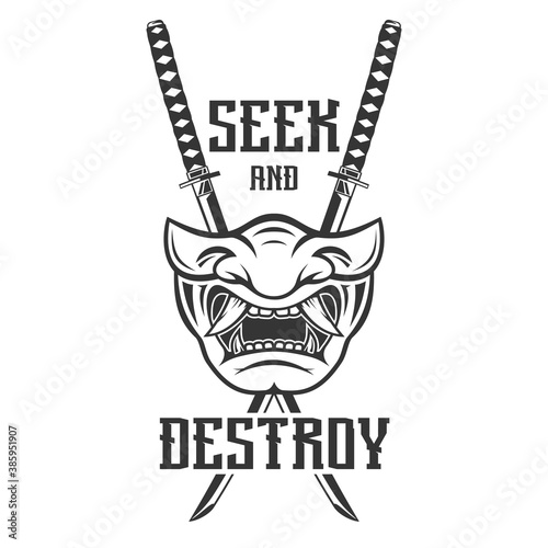 Vintage monochrome japanese samurai mask with crossed katana weapons isolated on white background. Hand drawn design element template for emblem, print, cover, poster. Vector illustration.