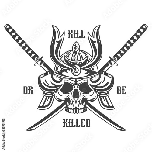 Vintage monochrome japanese samurai skull with helmet isolated on white background. Hand drawn design element template for emblem, print, cover, poster. Vector illustration.