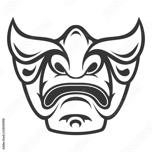 Vintage monochrome japanese samurai mask isolated on white background. Hand drawn design element template for emblem, print, cover, poster. Vector illustration.