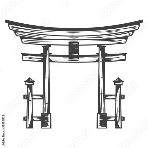 Vintage monochrome japan torii gate isolated on white background. Hand drawn design element template for emblem, print, cover, poster. Vector illustration.