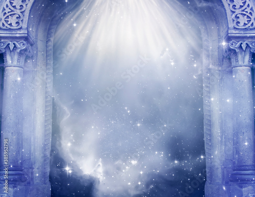 Fototapet mystic magic gate with divine angelic rays of light like spiritual and religious