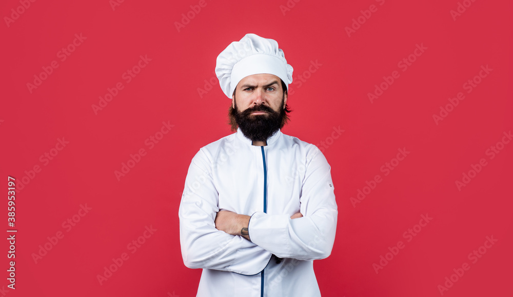 handsome hipster with beard and moustache crossed hands, culinary