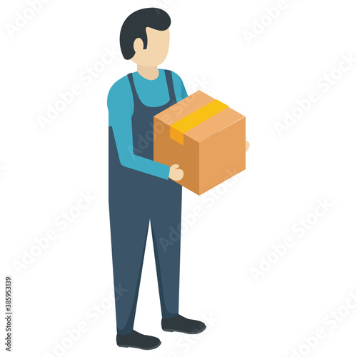 
A delivery man is hanging over package parcel to the attendee 
